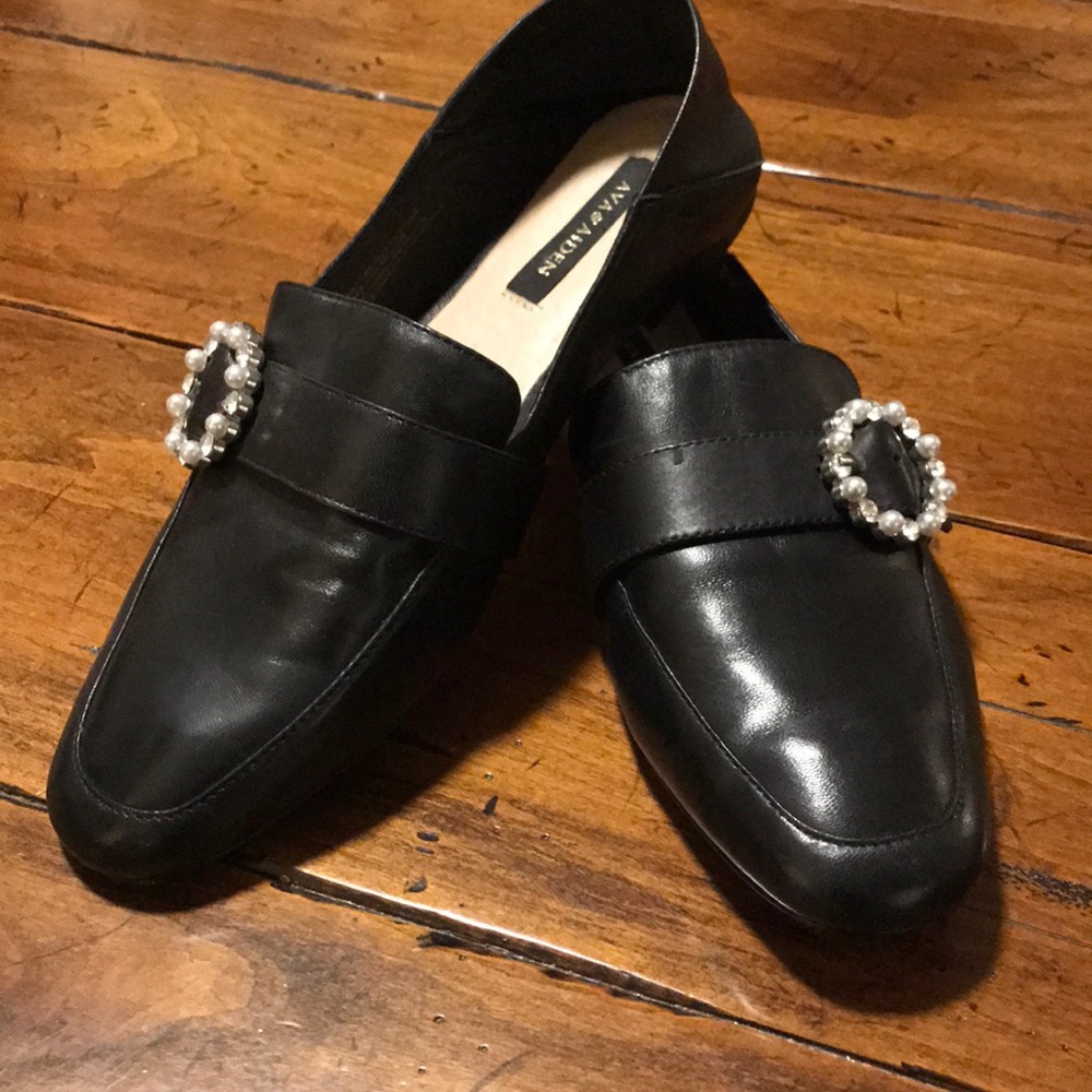 COPY - Black slip on black flats with pearl accent.